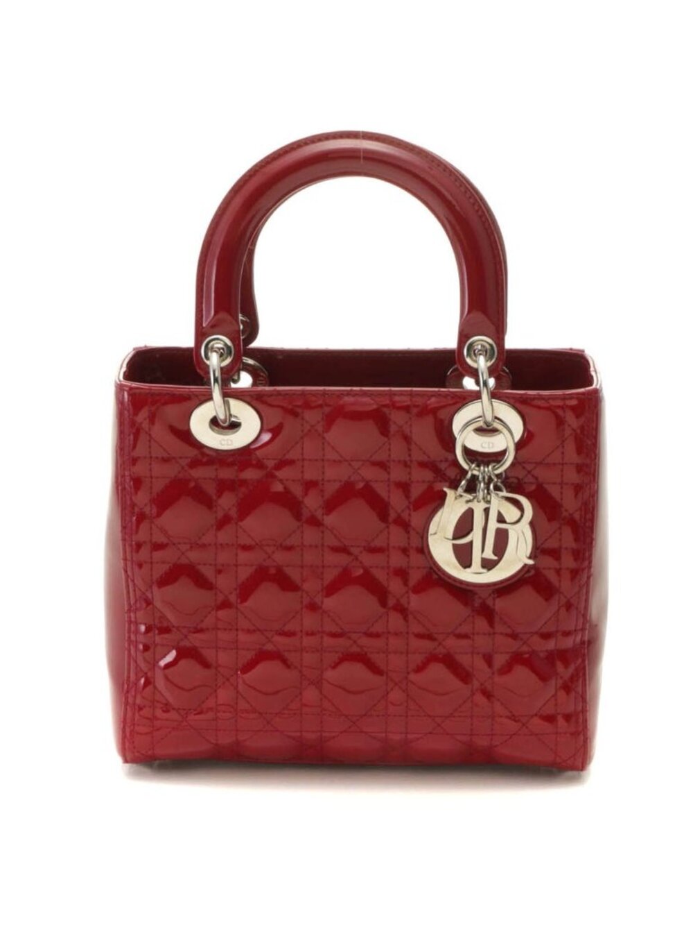 Dior Cannage Lady Dior Handbag Medium Patent Leather Red Silver Plate